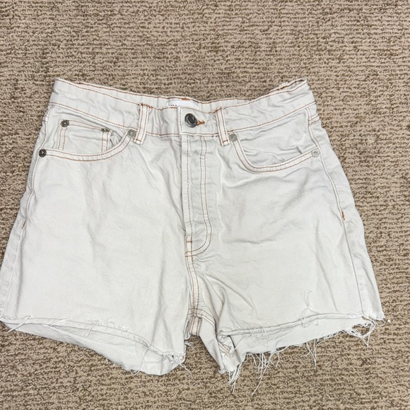 Zara Pants - Zara ivory grey topstitched denim cutoff shorts button fly mid rise distressed